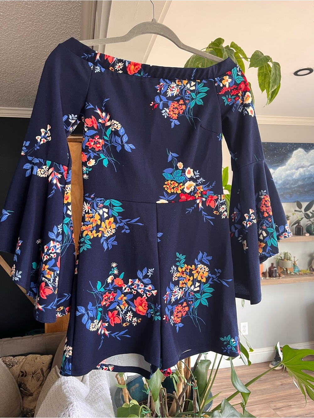 Fashion Nova Navy Floral Romper with Red and White Accents